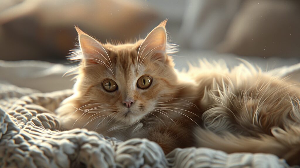 Chantilly Tiffany cat lounging with plush fur and striking amber eyes in cozy setting.