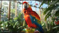 Colorful parrot perched on a vibrant toy inside a spacious aviary with lush greenery.