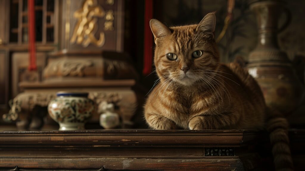 Dragon Li cat with golden-brown coat and green eyes on a Chinese wooden table.