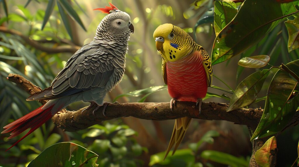 African Grey Parrot and Budgerigar perched on a branch in a lush environment.