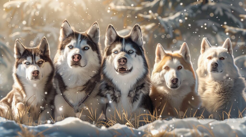 Group of sled dog breeds: Siberian Husky, Alaskan Malamute, Greenland Dog, Canadian Eskimo, Samoyed.