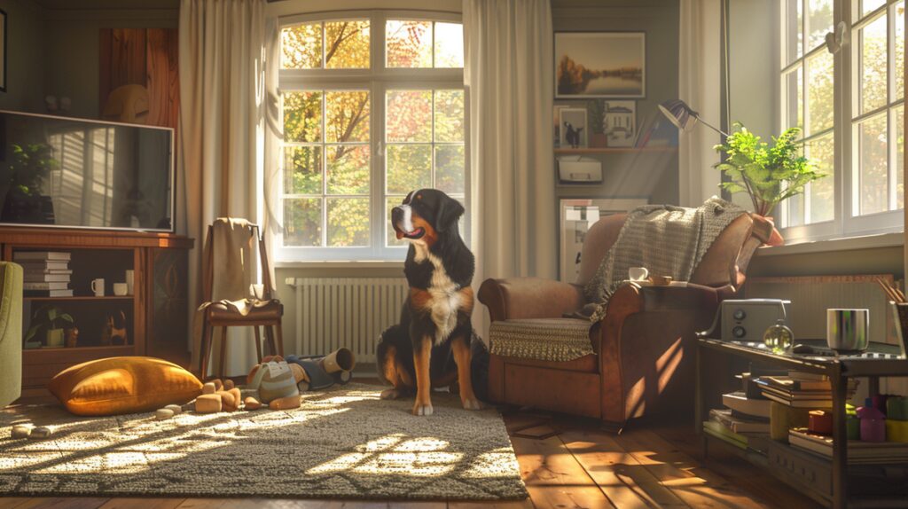 Cozy living room with an owner and a fluffy Bernese Mountain Dog, welcoming decor.