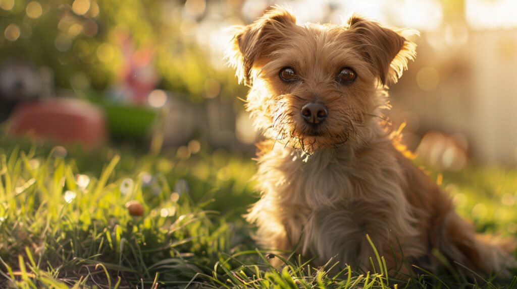 Small mixed breed dog with attentive eyes sitting on grass, showing a concerned expression.