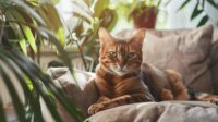 Exotic cat breed with vivid markings sitting on a plush cushion in cozy living room.