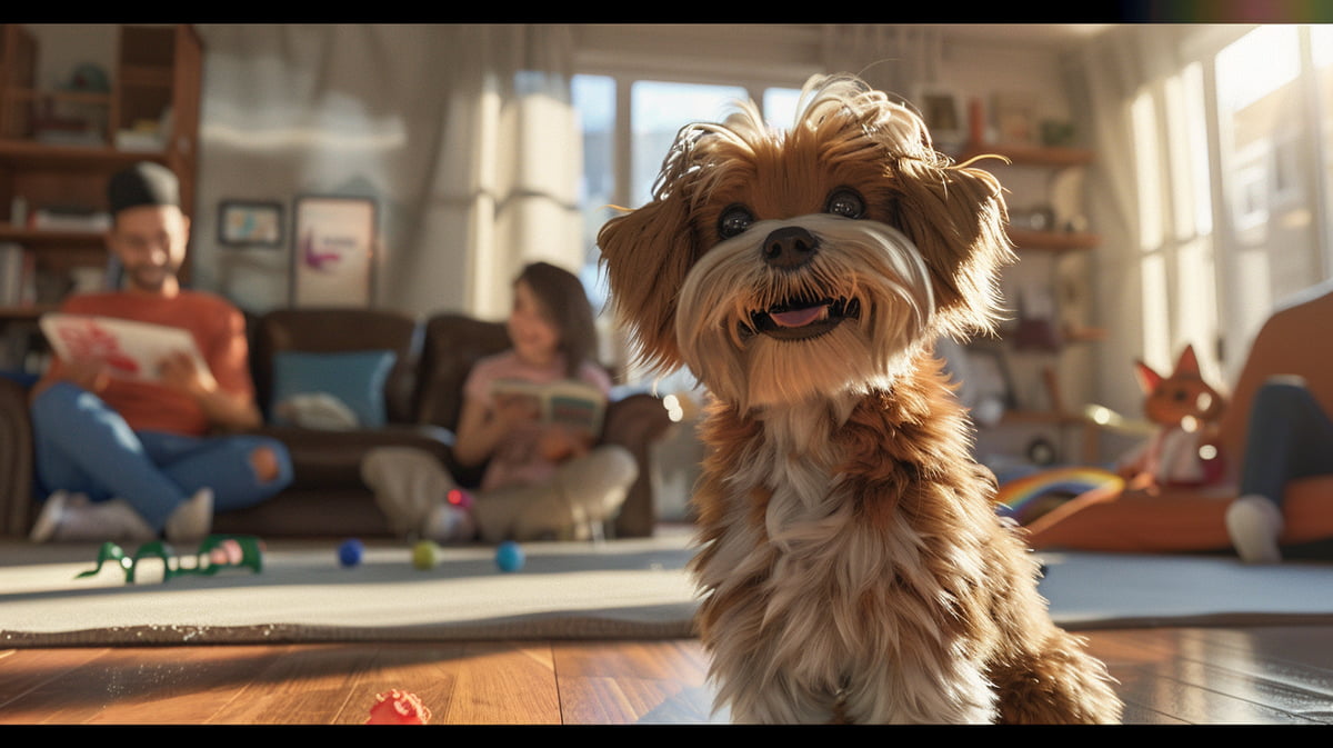 Small mixed breed dog with playful expression in cozy family living room with joyful members.