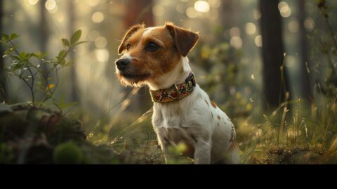 Small hunting dog with a vibrant collar in a lush forest, displaying keen expression.