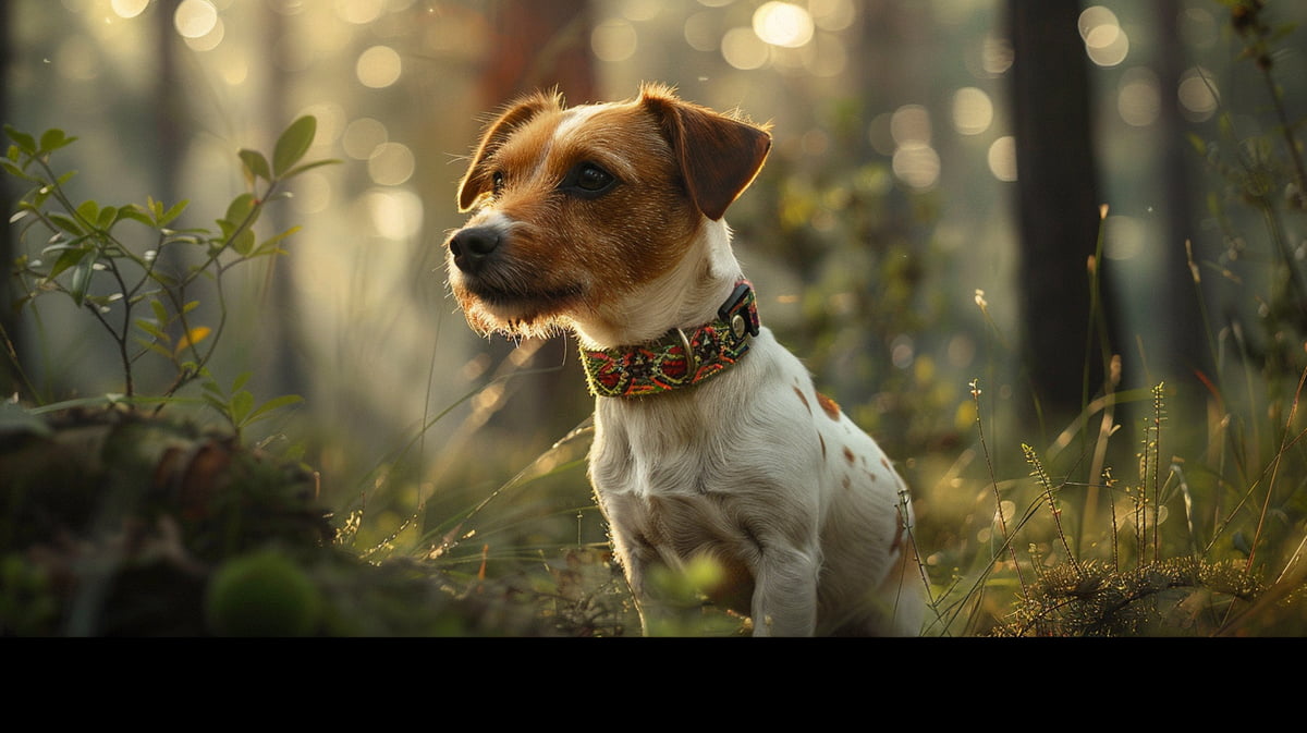 Small hunting dog with a vibrant collar in a lush forest, displaying keen expression.