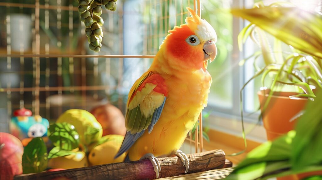 Vibrant talking pet bird perched on colorful branch in a spacious, well-designed cage.