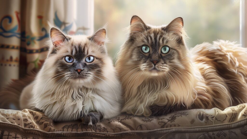 Fluffy Birman cat with blue eyes and Norwegian Forest Cat in a cozy living room.