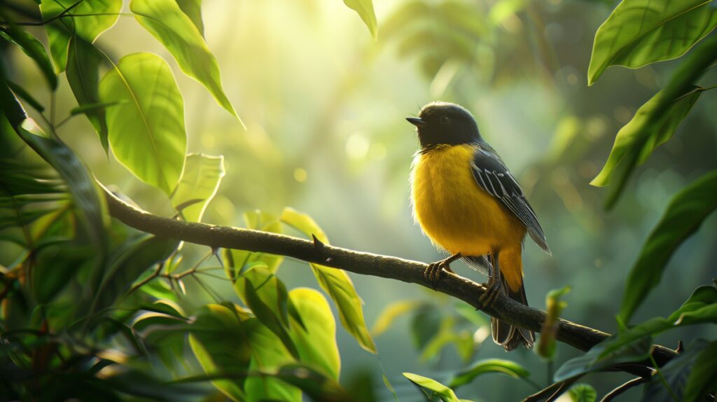 Small bird with vibrant feathers perched on a branch in a lush, tranquil environment.