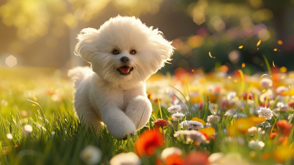 Bichon Frise playing in a sunlit park with vibrant green grass and colorful flowers.