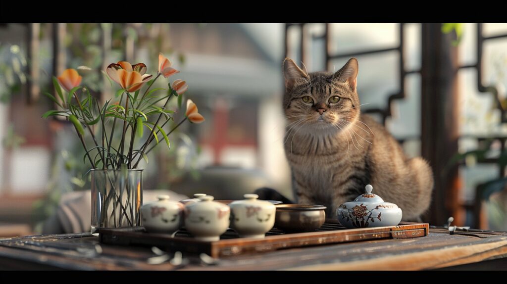 Beautiful Chinese cat with round face and plush fur on a wooden table.