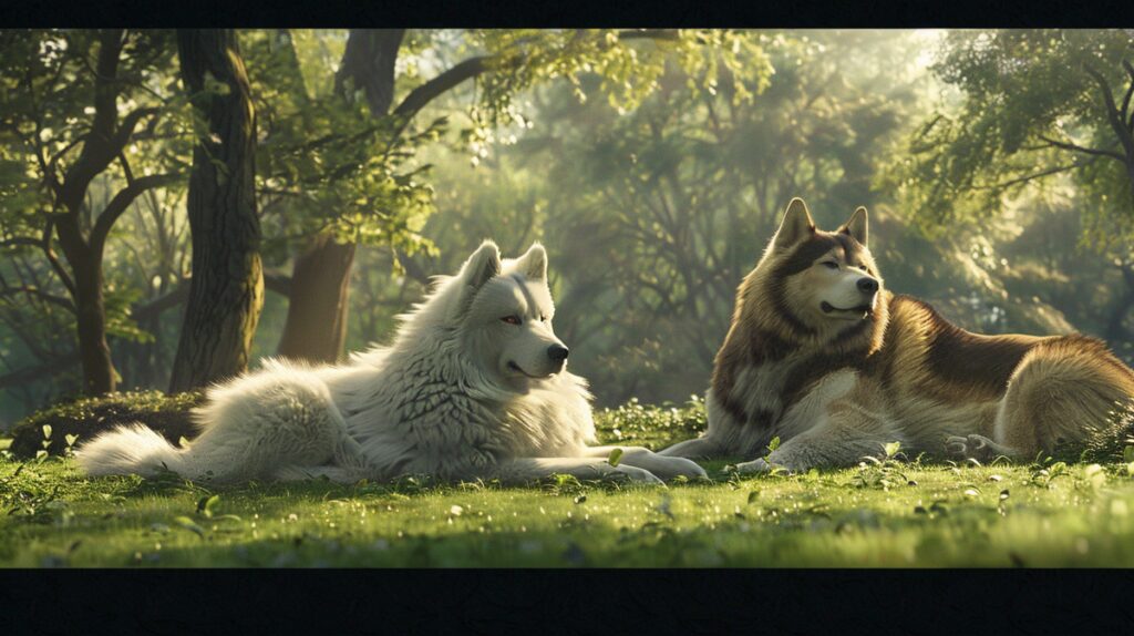 A variety of large, fluffy dog breeds in a  park setting.