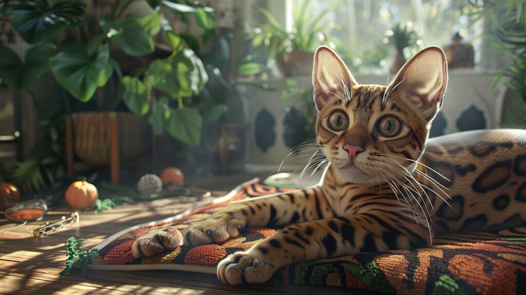 Exotic cat lounging on a colorful mat in a serene, organized indoor setting.