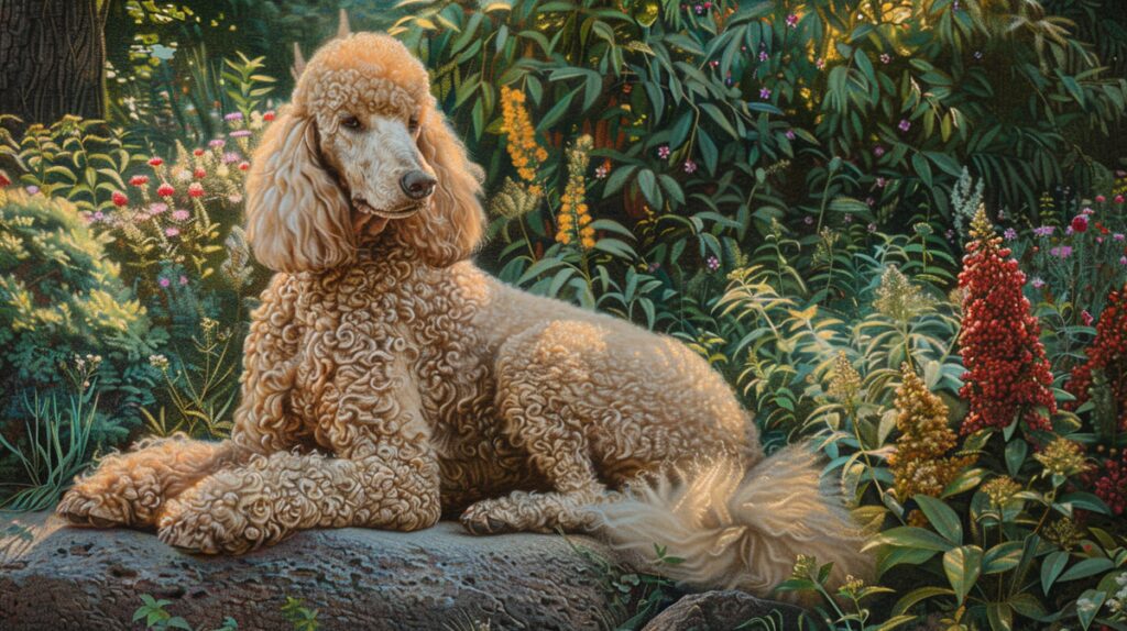 Large poodle with a curly coat in a park, surrounded by greenery and flowers.
