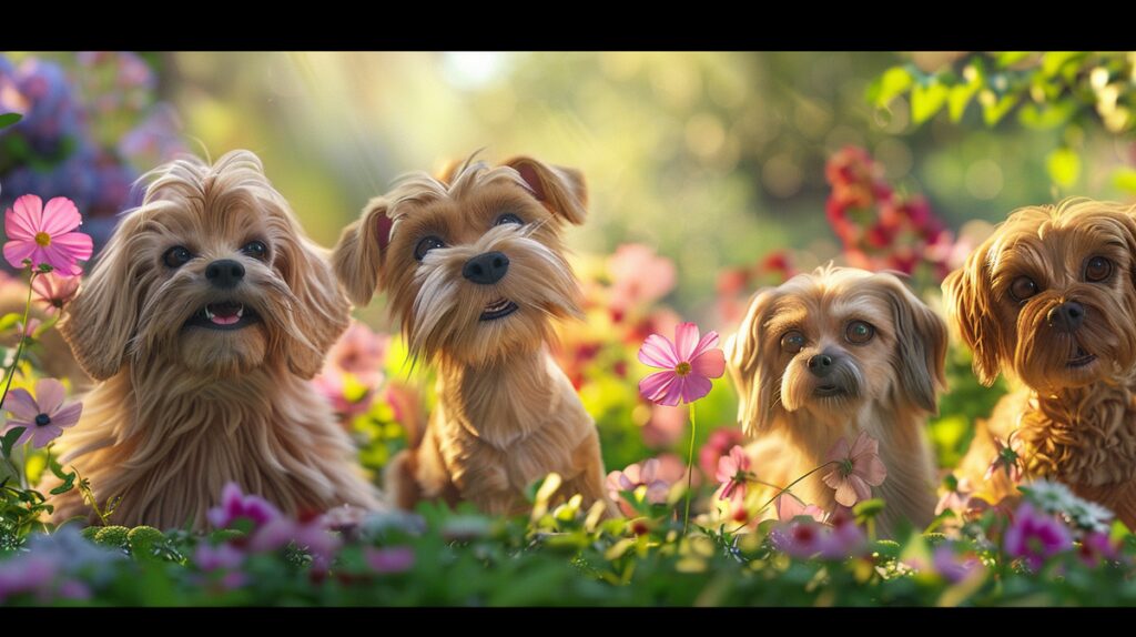 Playful scene of mixed breed dogs in a green park surrounded by flowers.