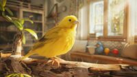 Cheerful canary perched on a wooden branch in a cozy living room setting.