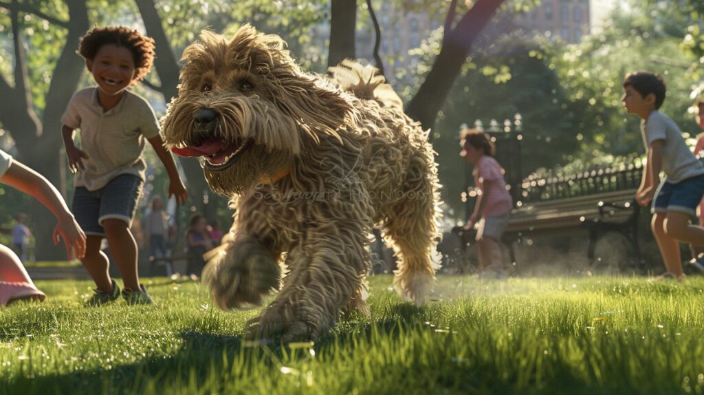 Large poodle mix dog with fluffy coat playing with children in a sunny park.