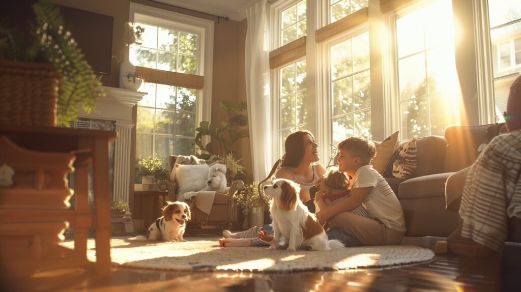 Cheerful family with small dog breeds, enjoying playful moments in a cozy living room.