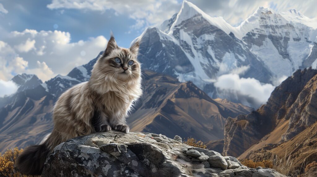 Tibetan cat with striking blue eyes and fluffy coat on rocky ledge, snow-capped mountains background.