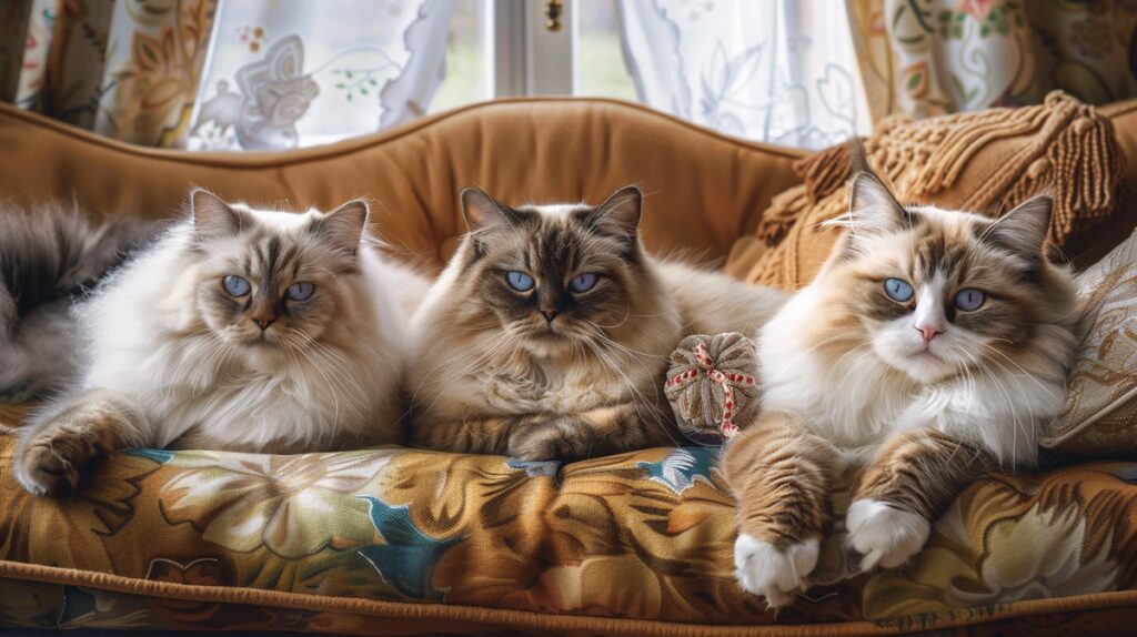 Three fluffy cats: Persian lounging, Maine playing, Ragdoll sprawled in cozy setting.