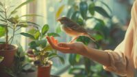 Small bird perched on a person's hand in a bright, plant-filled room.