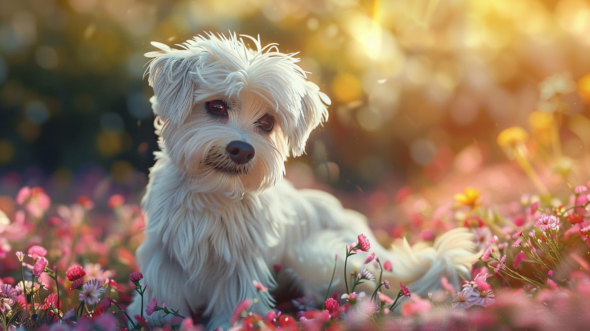 Small white dog in playful pose, surrounded by sunny park with blooming flowers.