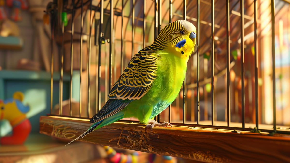 Vibrant budgerigar perched on wooden cage, showcasing green and yellow feathers, curious expression.