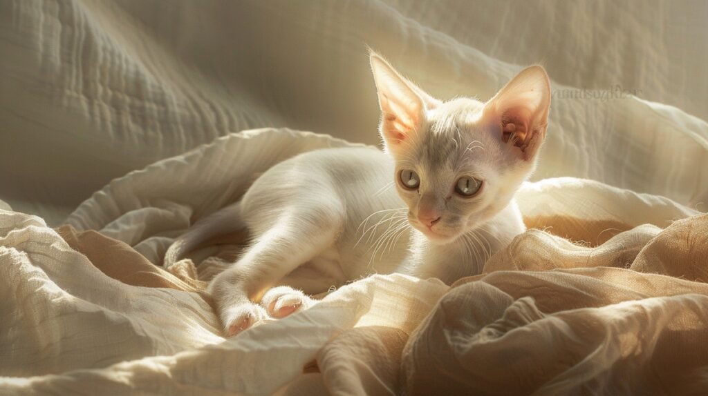 Playful Bambino cat on soft fabric, showcasing its small size and hairless skin.