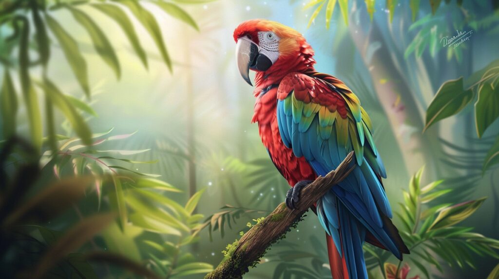 Vibrant parrot on a branch surrounded by lush foliage and subtle pet outlines.