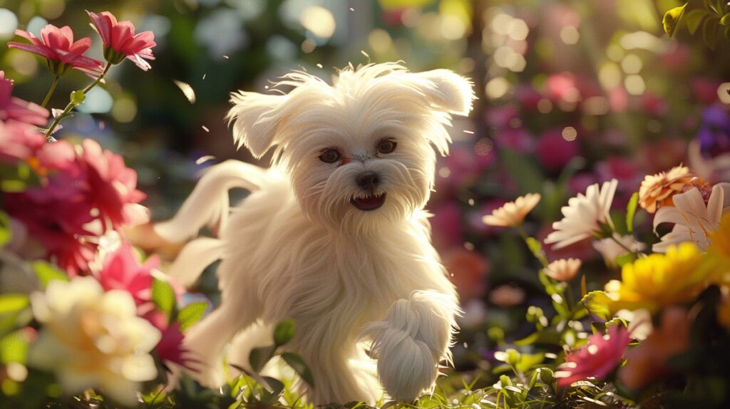 Cute small white Maltese dog frolicking in a sunlit garden with blooming flowers.