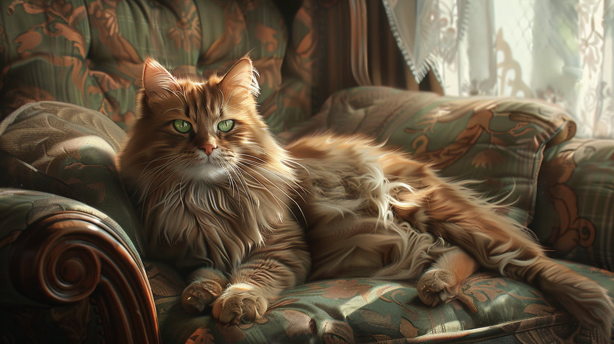 Chantilly Tiffany cat with green eyes lounging on a vintage armchair in a cozy living room.