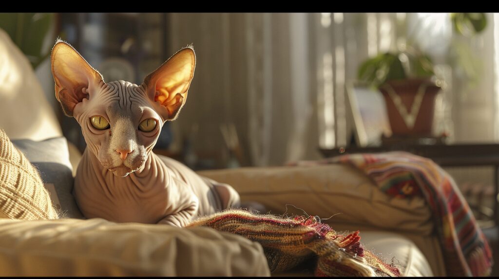 Sphynx cat with large ears and wrinkled skin, relaxing in a cozy living room.