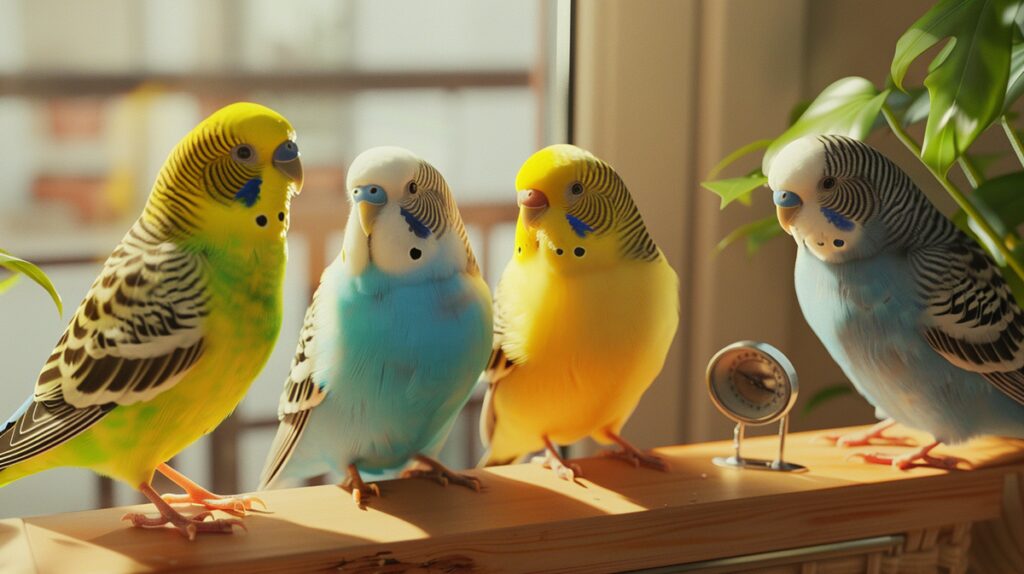 A cozy living room with a canary, budgerigar, and finch perched together.