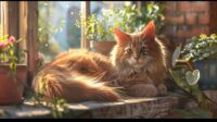 Fluffy cat with luxurious fur lounges on a sunlit windowsill surrounded by potted plants.