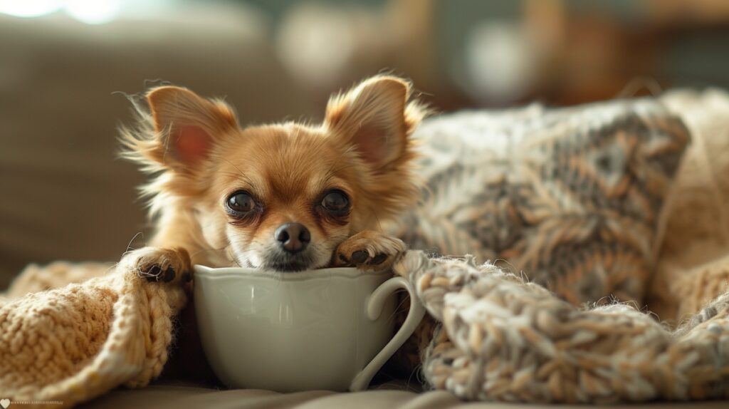 Miniature dog nestled in a teacup, surrounded by cozy living room decor.