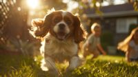 Joyful Cavalier King Charles Spaniel playing with children in a sunlit backyard.