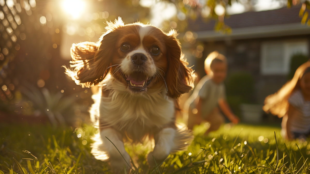 Joyful Cavalier King Charles Spaniel playing with children in a sunlit backyard.