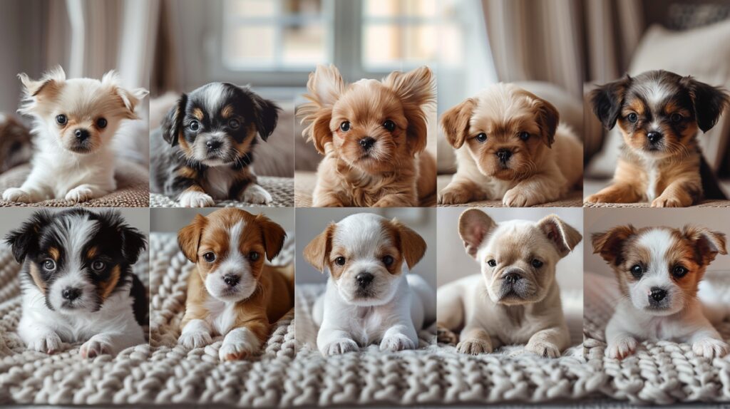 A cozy living room with various teacup dog breeds showcasing their unique characteristics.