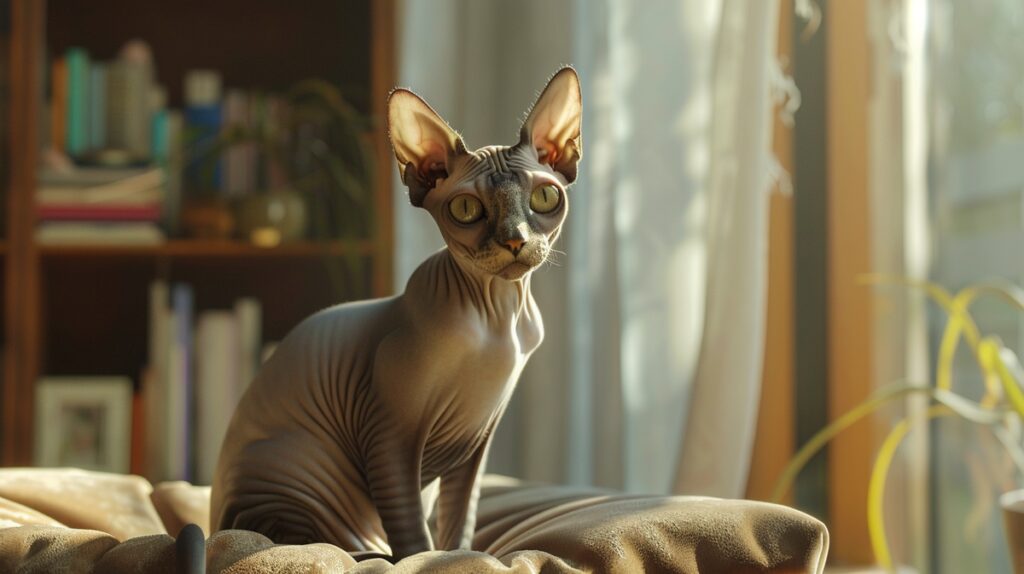 Hairless cat with expressive eyes sitting on a velvet cushion, cozy home background.