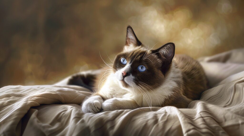 Snowshoe cat portrait highlighting distinctive coat patterns and elegant pose in natural setting.