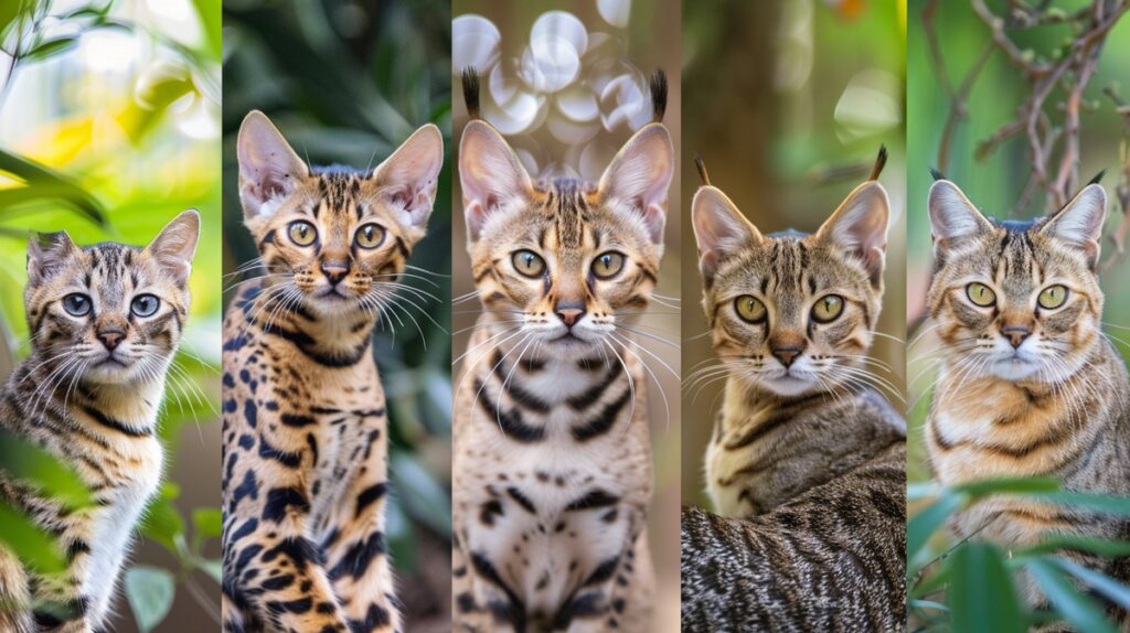 Collage of exotic cat breeds: Savannah, Bengal, Sphynx, Scottish Fold, and Mainecoon.