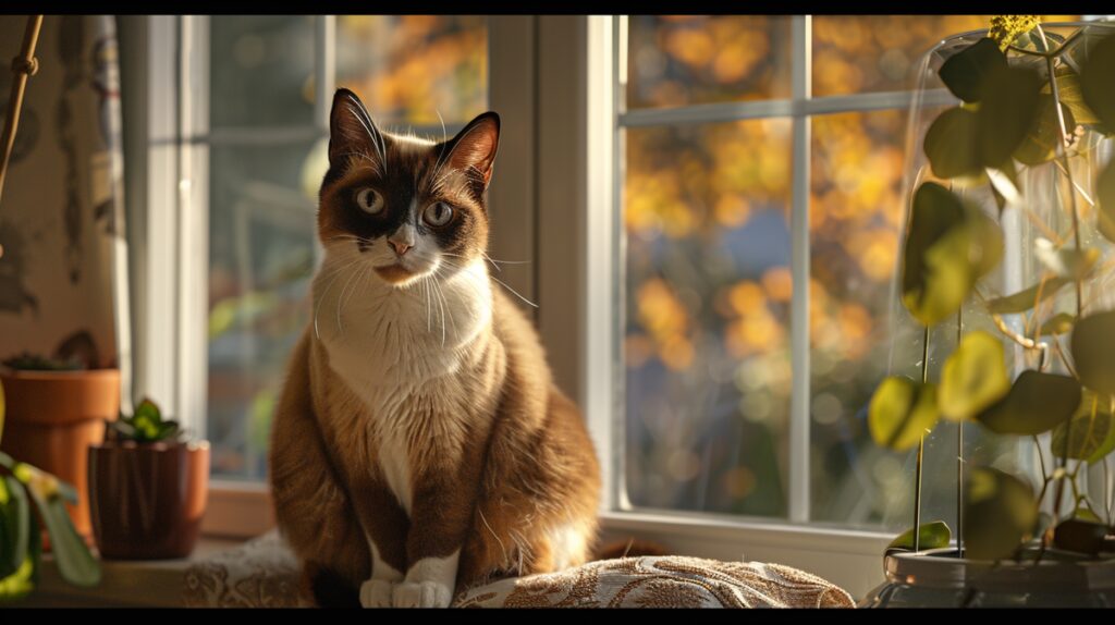 Snowshoe cat with white paws and unique mask, perched on a window sill.