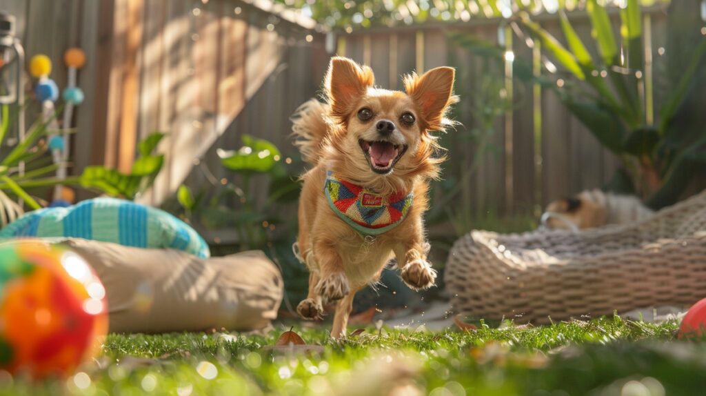 Energetic small family dog playing joyfully with a colorful ball in the backyard.