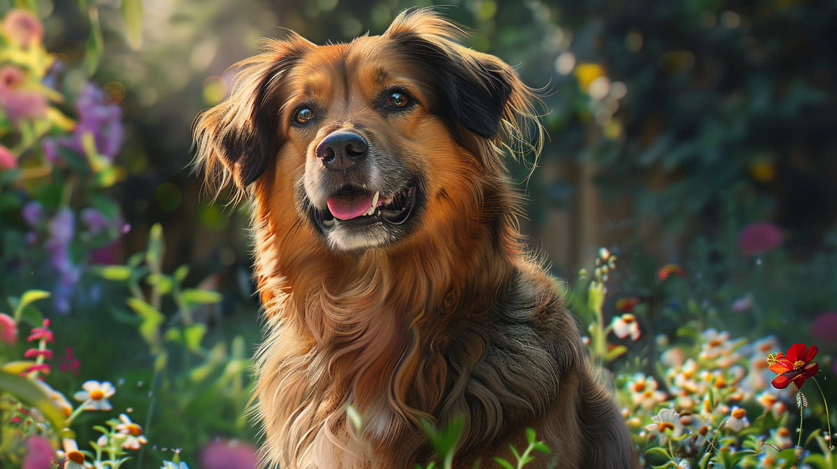 Fluffy dog with luxurious fur sitting in a sunny backyard, surrounded by flowers.