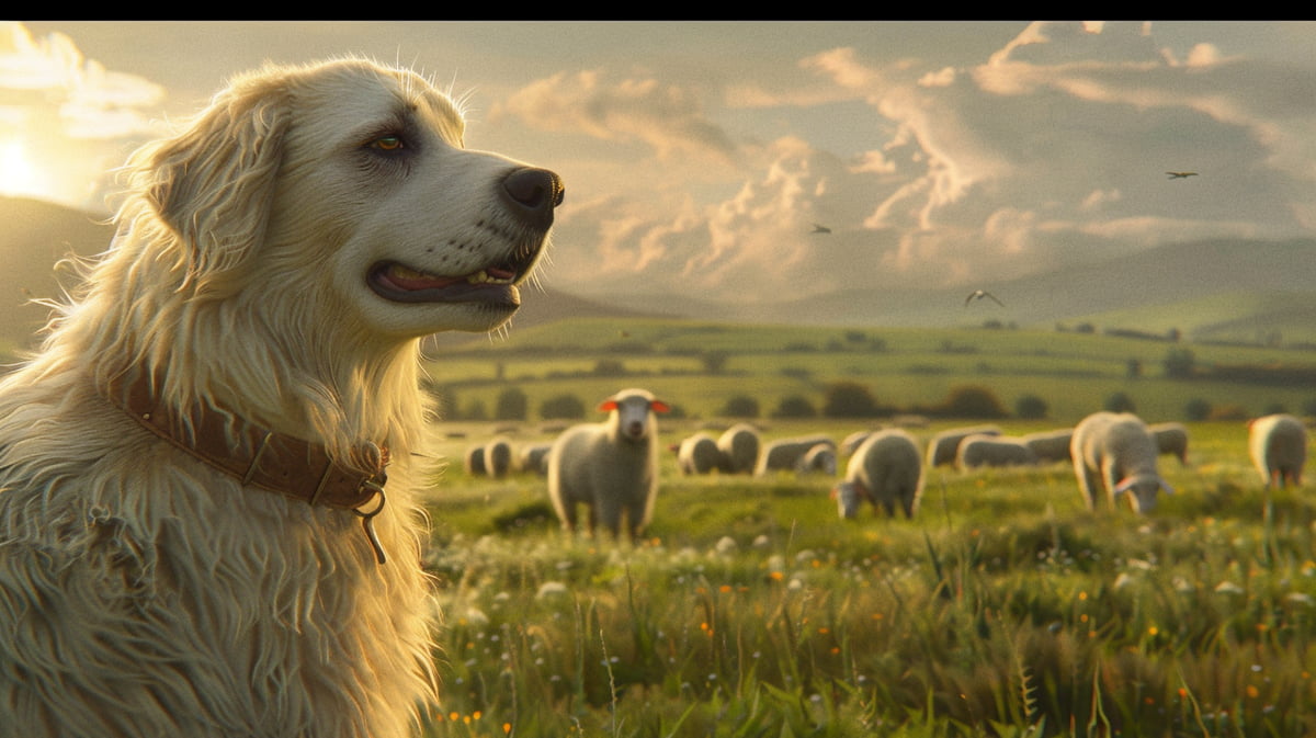 Livestock guardian dog with fluffy fur, standing protectively among grazing sheep on a farm.