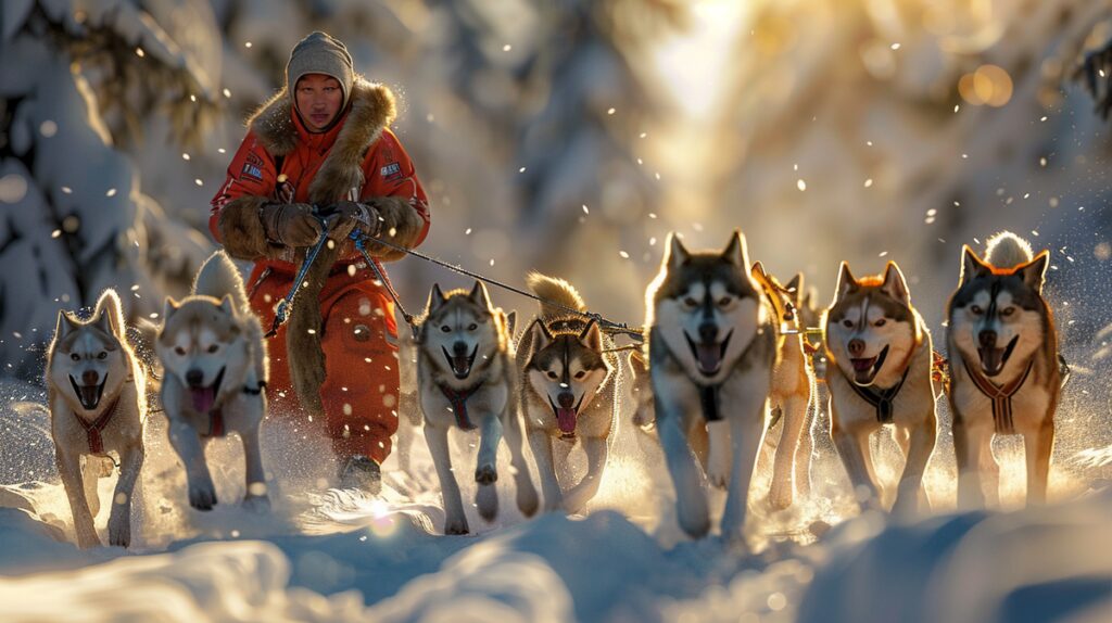 Skilled trainer in winter gear demonstrates sled dog training in a snowy landscape.