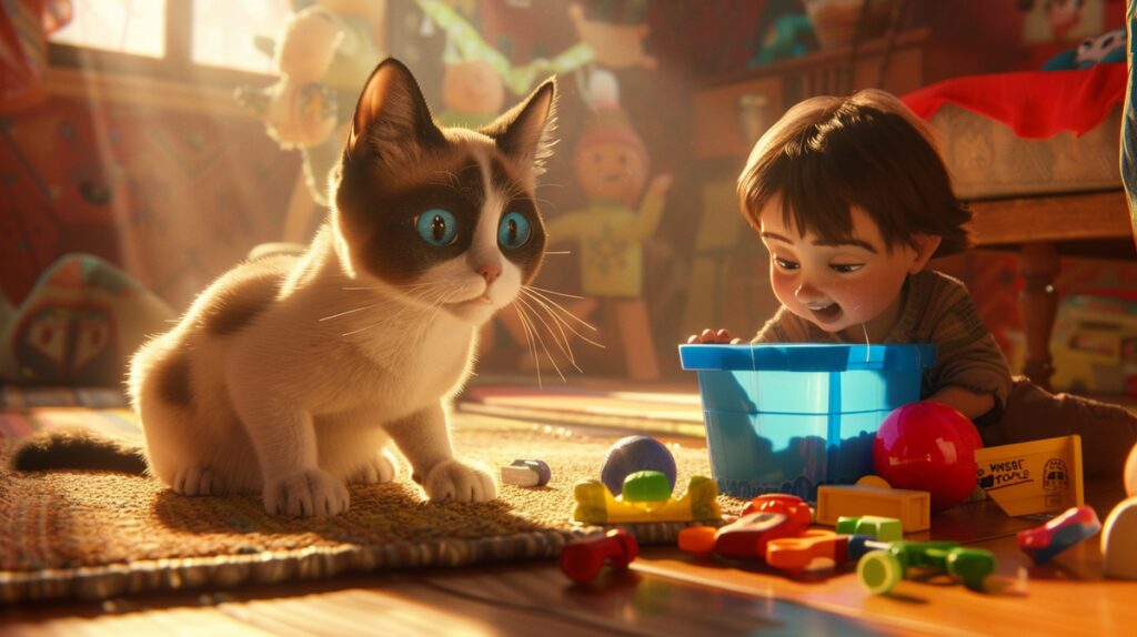 Playful snowshoe cat with blue eyes interacting with a laughing child in a cozy living room.