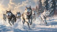 A group of active sled dogs, including Siberian Huskies and Alaskan Malamutes, in snow.