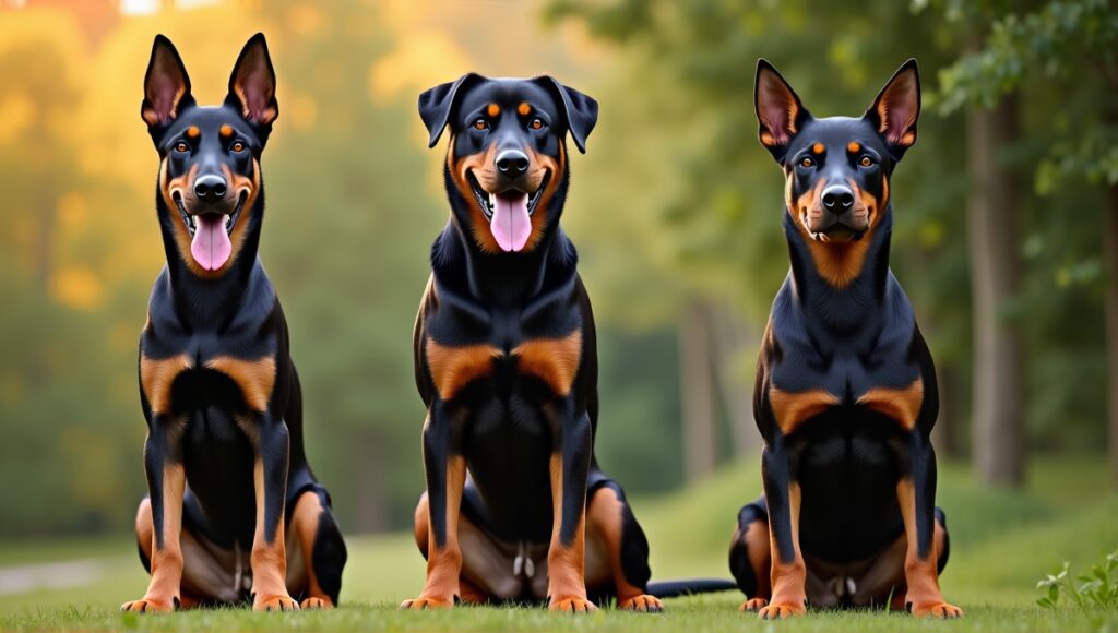 Three majestic guard dogs: German Shepherd, Rottweiler, and Doberman Pinscher in natural setting.